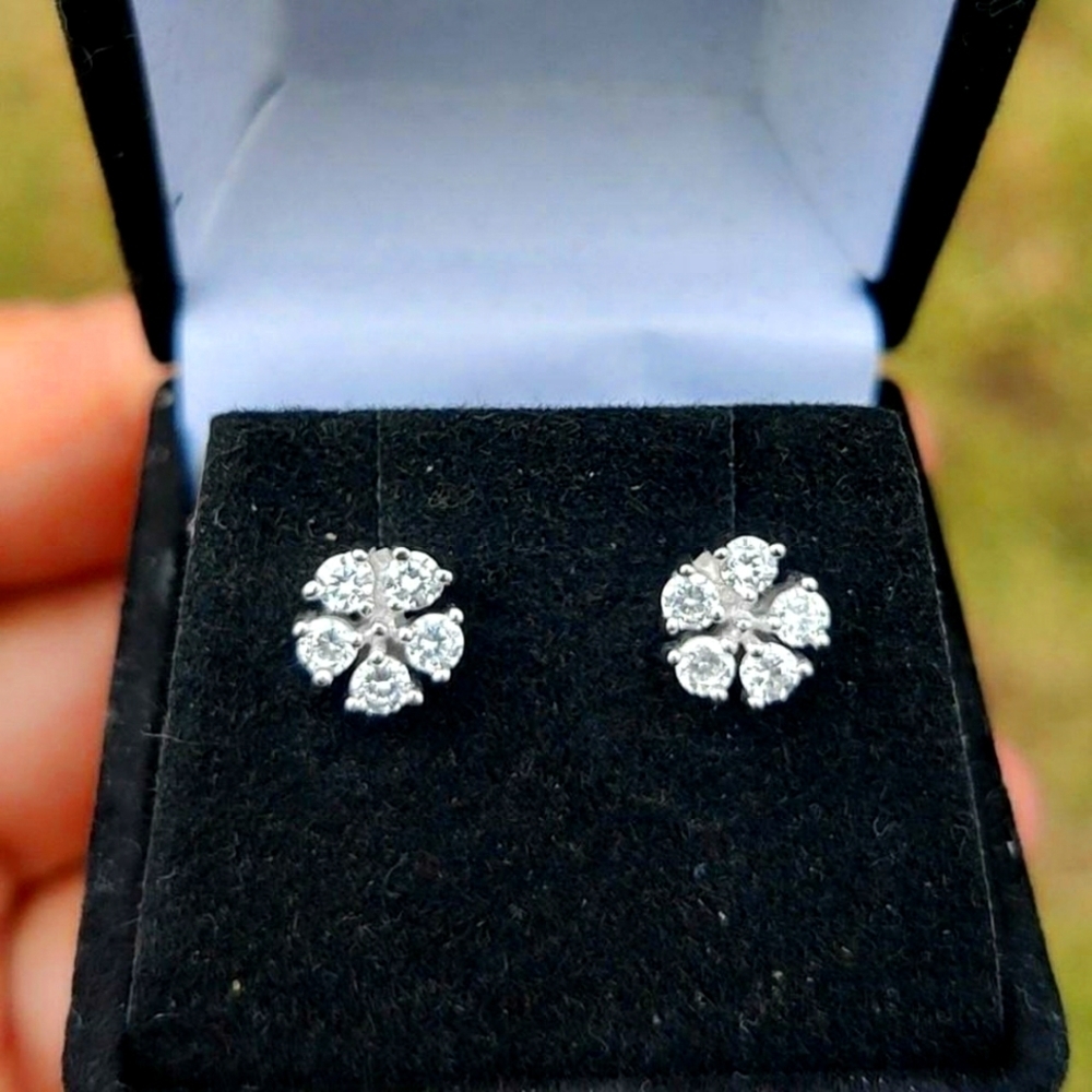 Sterling Silver 925 Rhodium Plated Flower CZ Stud Earrings